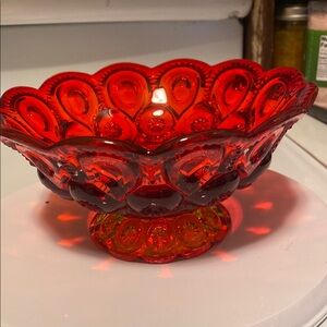 SOLD LE Smith Moon and Stars footed candy dish or compote in red amberina glass.